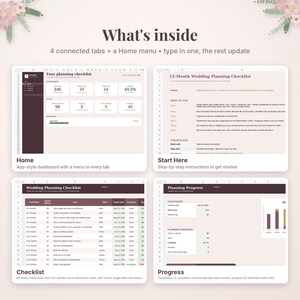 May include: A digital wedding planning spreadsheet template featuring four connected tabs and a home menu. The interface displays a dashboard, a 12-month checklist, a task list with columns for timeframe, tasks, and progress, and a progress chart.