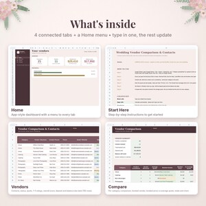 May include: A digital wedding vendor management spreadsheet featuring four connected tabs and a home menu. The interface includes a dashboard, a start guide, a vendor contact list, and a comparison tool with data tables and progress bars.