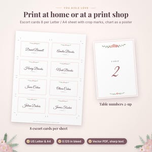 May include: A digital template for wedding stationery featuring a sheet of eight escort cards and a table number card. The design includes pink floral accents, black serif and script typography, and crop marks for printing on US Letter or A4 paper.