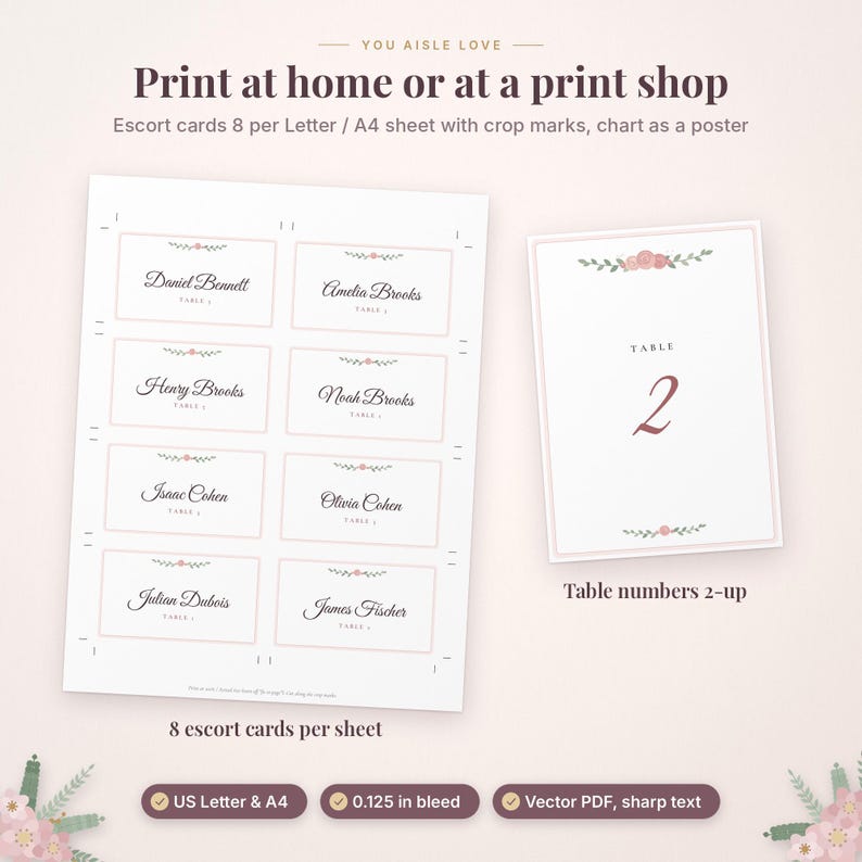 May include: A digital template for wedding stationery featuring a sheet of eight escort cards and a table number card. The design includes pink floral accents, black serif and script typography, and crop marks for printing on US Letter or A4 paper.