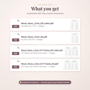 May include: A digital product listing titled You Aisle Love, featuring four printable PDF files for a Never Have I Ever game. Includes US Letter 8.5 x 11 inch and A4 210 x 297 mm formats, with 5x7 inch cards, answer keys, and host sheets included.