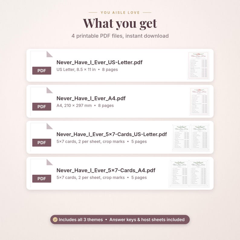 May include: A digital product listing titled You Aisle Love, featuring four printable PDF files for a Never Have I Ever game. Includes US Letter 8.5 x 11 inch and A4 210 x 297 mm formats, with 5x7 inch cards, answer keys, and host sheets included.