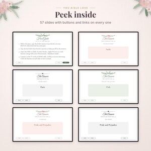 May include: A digital presentation template titled You Aisle Love with 57 slides featuring interactive buttons and links. The slides include a Host Guide and various question-and-answer pages with text fields for inputting answers like Sushi, Paris, and Pride and Prejudice.