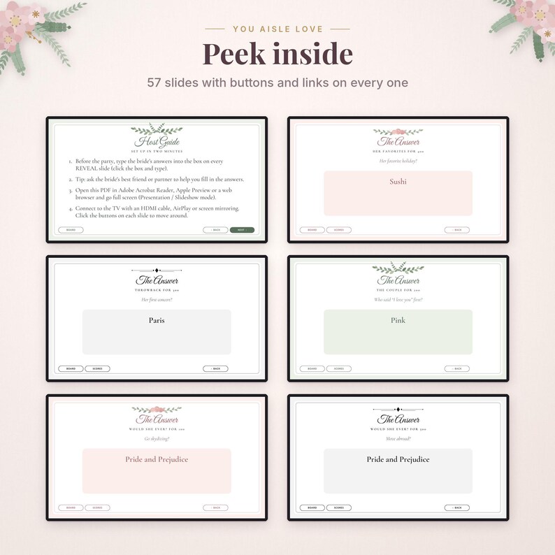 May include: A digital presentation template titled You Aisle Love with 57 slides featuring interactive buttons and links. The slides include a Host Guide and various question-and-answer pages with text fields for inputting answers like Sushi, Paris, and Pride and Prejudice.