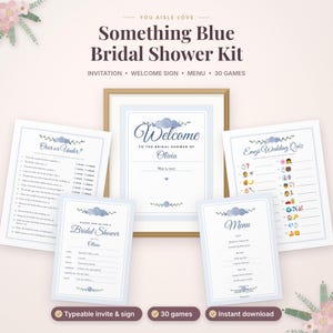 May include: A Something Blue Bridal Shower Kit featuring a welcome sign, invitation, menu, and game cards. Each white paper item displays blue floral accents, dark blue text, and headers like Over or Under, Emoji Wedding Quiz, and Menu.