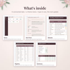 May include: A digital wedding website and registry planner spreadsheet featuring five connected tabs and a home menu. The interface includes sections for a home dashboard, start instructions, website planning, gift registry tracking, and a summary.