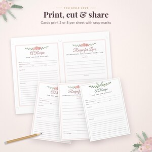 Pode incluir: Um conjunto de cart&otilde;es de receitas imprim&iacute;veis com detalhes florais e o texto "A Recipe for the New Kitchen" e "Recipe for Love". Os cart&otilde;es incluem linhas para ingredientes e instru&ccedil;&otilde;es, com um l&aacute;pis de madeira no canto inferior esquerdo.