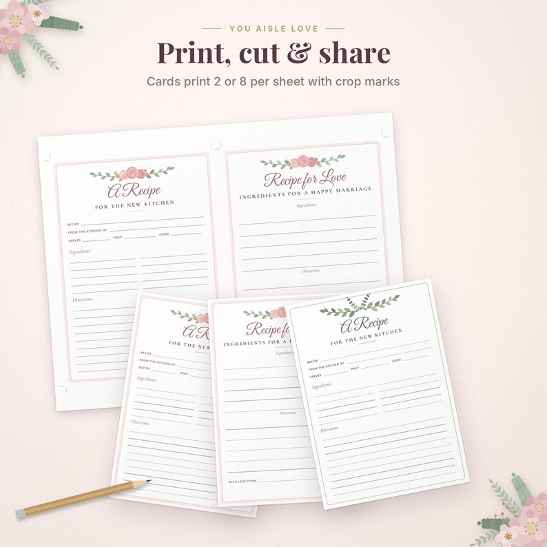 Pode incluir: Um conjunto de cart&otilde;es de receitas imprim&iacute;veis com detalhes florais e o texto "A Recipe for the New Kitchen" e "Recipe for Love". Os cart&otilde;es incluem linhas para ingredientes e instru&ccedil;&otilde;es, com um l&aacute;pis de madeira no canto inferior esquerdo.
