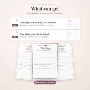 May include: A digital download set featuring Date Night idea cards for newlyweds. The files include Date_Night_Idea_Cards_US-Letter.pdf and Date_Night_Idea_Cards_A4.pdf. The cards contain fields for activity details, season, budget, and sender name.