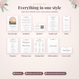 May include: A collection of ten wedding stationery templates including a save the date, invitation, QR RSVP, details card, menu, program, welcome sign, seating chart, table numbers, and escort card, all featuring a consistent floral design.