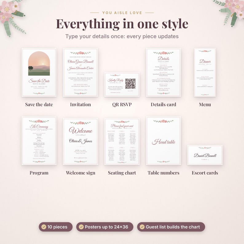 May include: A collection of ten wedding stationery templates including a save the date, invitation, QR RSVP, details card, menu, program, welcome sign, seating chart, table numbers, and escort card, all featuring a consistent floral design.
