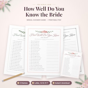 Może przedstawiać: Gra na wieczór panieński zatytułowana How Well Do You Know the Bride, zawierająca listę dwudziestu pytań z pustymi liniami na odpowiedzi. Projekt zawiera różowe ilustracje kwiatowe, ołówek oraz tekst wskazujący na plik PDF.