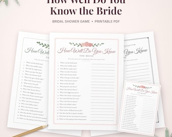 May include: A bridal shower game titled How Well Do You Know the Bride, featuring a list of twenty questions with blank lines for answers. The design includes pink floral illustrations, a pencil, and text indicating it is a printable PDF.