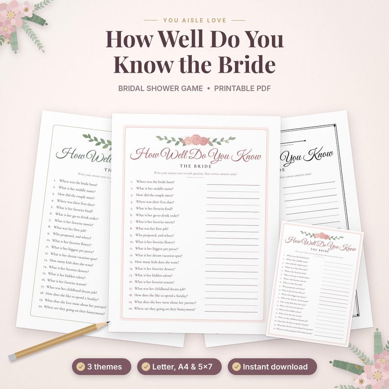 May include: A bridal shower game titled How Well Do You Know the Bride, featuring a list of twenty questions with blank lines for answers. The design includes pink floral illustrations, a pencil, and text indicating it is a printable PDF.