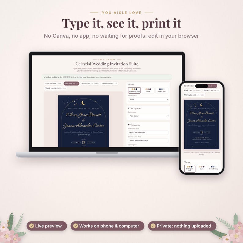 May include: A laptop and smartphone displaying a celestial wedding invitation suite editor. The screen shows text fields for names and dates, with a dark blue invitation design featuring gold stars and a crescent moon visible on both devices.