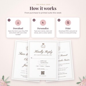 May include: An instructional graphic titled How it works with three steps: Download, Personalize, and Print. Below are three wedding stationery templates featuring a Kindly Reply card with a QR code, a Save the Date, and an invitation.