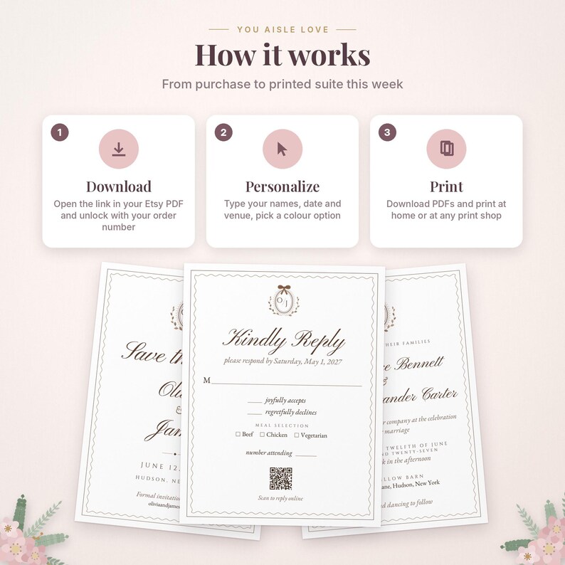 May include: An instructional graphic titled How it works with three steps: Download, Personalize, and Print. Below are three wedding stationery templates featuring a Kindly Reply card with a QR code, a Save the Date, and an invitation.