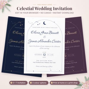 May include: Three celestial wedding invitation templates featuring an arched frame, moon and star motifs, and text including names Olivia Grace Bennett and James Alexander Carter, date June 12, 2027, and location The Willow Barn, 1250 Orchard Lane, Hudson, New York.