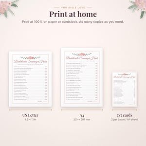 May include: Three digital Bachelorette Scavenger Hunt game sheets with floral accents. The text reads You Aisle Love, Print at home, and Bachelorette Scavenger Hunt. Sizes include US Letter 8.5 x 11 in, A4, and 5x7 cards, 2 per sheet.