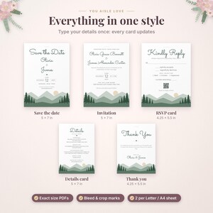 May include: A wedding stationery set featuring a Save the Date, invitation, RSVP card, details card, and thank you card. Each white card displays a mountain and forest landscape in green tones with text including You Aisle Love, Save the Date, Kindly Reply, Details, and Thank You.