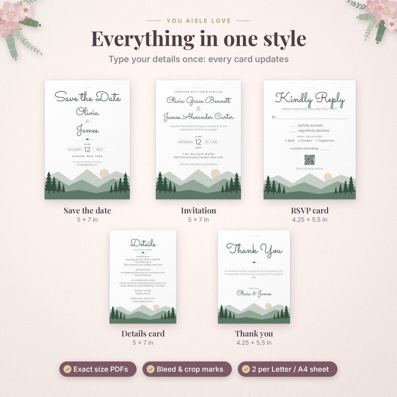 May include: A wedding stationery set featuring a Save the Date, invitation, RSVP card, details card, and thank you card. Each white card displays a mountain and forest landscape in green tones with text including You Aisle Love, Save the Date, Kindly Reply, Details, and Thank You.