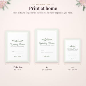 May include: Three digital wedding planner templates with green leaf illustrations and the text Wedding Planner The Complete Planning Binder. Sizes include US Letter 8.5 x 11 in, A4 210 x 297 mm, and A5 148 x 210 mm. Text reads Print at home.