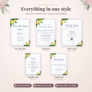 May include: A wedding stationery set featuring a Save the Date, Invitation, RSVP card, Details card, and Thank You card. Each white card has a blue border and yellow lemon illustrations. Text includes 'You Aisle Love' and 'Everything in one style'.