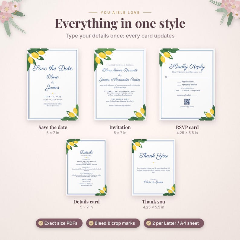 May include: A wedding stationery set featuring a Save the Date, Invitation, RSVP card, Details card, and Thank You card. Each white card has a blue border and yellow lemon illustrations. Text includes 'You Aisle Love' and 'Everything in one style'.