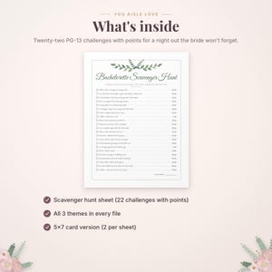 May include: A white bachelorette scavenger hunt game sheet featuring green leaf illustrations at the top. The text includes the title Bachelorette Scavenger Hunt and a list of twenty-two challenges with point values for each task.