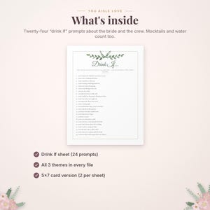 May include: A white "Drink If..." game sheet featuring twenty-four prompts about the bride and crew, decorated with green leaf illustrations at the top. The text includes instructions for participants to drink if the statement is true.