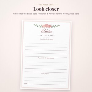 May include: A white card with a light pink border featuring a floral illustration of pink roses and green leaves at the top. The text reads Advice FOR THE BRIDE, My advice for the bride, My wish for the happy couple, Never forget to, and FROM.