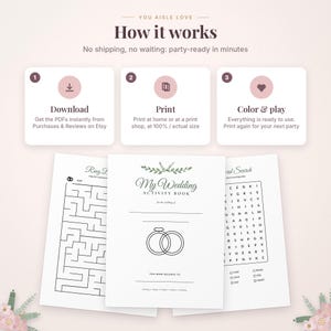 May include: An instructional graphic titled How it works with three steps: Download, Print, and Color & play. Below are three pages of a My Wedding Activity Book featuring a maze, a cover with two rings, and a word search puzzle.