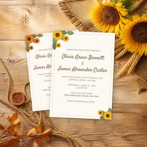 Puede incluir: Dos tarjetas de invitaci&oacute;n de boda blancas con ilustraciones de girasoles en las esquinas. El texto dice: Together with their families, Olivia Grace Bennett and James Alexander Carter request the pleasure of your company at the celebration of their marriage.