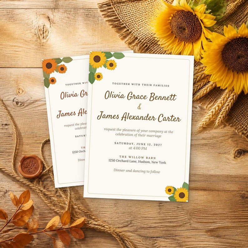 Puede incluir: Dos tarjetas de invitaci&oacute;n de boda blancas con ilustraciones de girasoles en las esquinas. El texto dice: Together with their families, Olivia Grace Bennett and James Alexander Carter request the pleasure of your company at the celebration of their marriage.