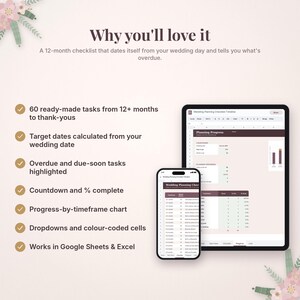 May include: A digital wedding planning checklist displayed on a tablet and smartphone screen. The interface features columns for tasks, timeframes, and progress tracking with color-coded cells, charts, and countdowns for Google Sheets and Excel.