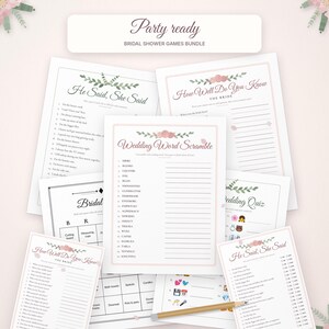 May include: A collection of printed bridal shower game sheets featuring floral accents and titles including Party Ready, He Said She Said, How Well Do You Know The Bride, Wedding Word Scramble, and Wedding Quiz, with a wooden pencil.