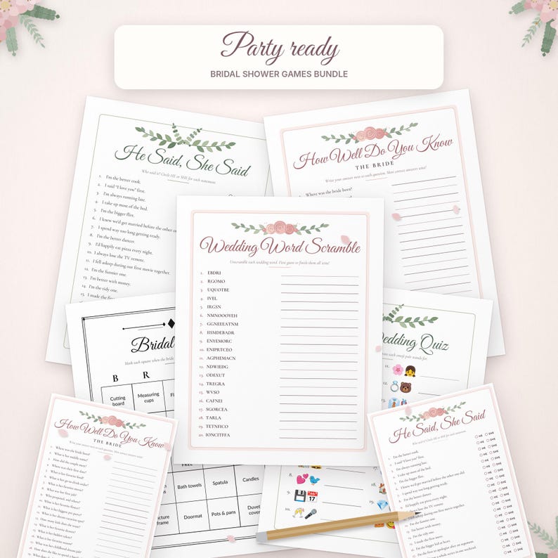 May include: A collection of printed bridal shower game sheets featuring floral accents and titles including Party Ready, He Said She Said, How Well Do You Know The Bride, Wedding Word Scramble, and Wedding Quiz, with a wooden pencil.