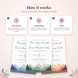 May include: An instructional graphic titled How it works with three steps: Download, Personalize, and Print. Below are three wedding invitation templates featuring mountain and forest illustrations in blue, green, and orange color schemes.