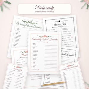 May include: A collection of wedding word scramble game sheets and answer keys featuring floral accents in pink and green. The pages include the text Party ready, Wedding Word Scramble, and Answer Key, with lists of jumbled words and blank lines.