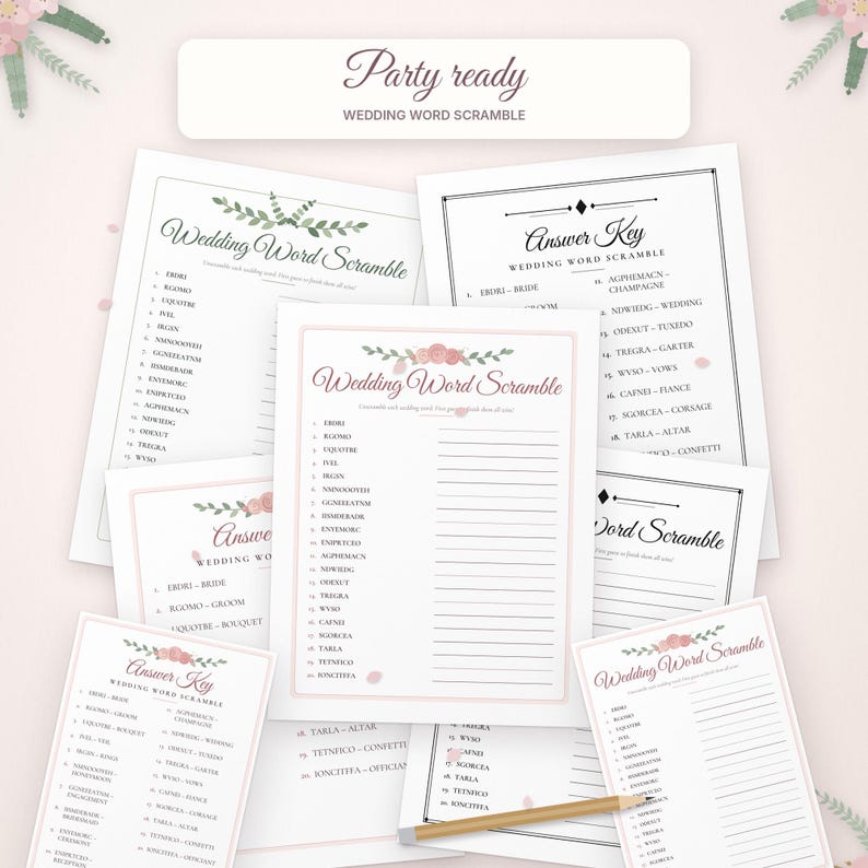 May include: A collection of wedding word scramble game sheets and answer keys featuring floral accents in pink and green. The pages include the text Party ready, Wedding Word Scramble, and Answer Key, with lists of jumbled words and blank lines.