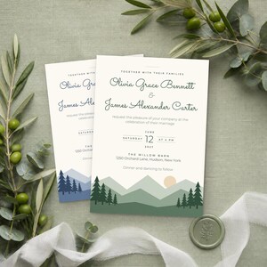 May include: A wedding invitation card featuring the names Olivia Grace Bennett and James Alexander Carter, with a mountain and pine tree graphic at the bottom. The text includes the date June 12, 2027, and the location The Willow Barn in Hudson, New York.
