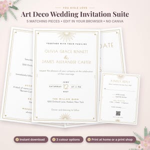 K&ouml;nnte beinhalten: Ein Art-D&eacute;co-Hochzeitseinladungsset mit f&uuml;nf passenden Teilen, verziert mit goldenen geometrischen Sonnenstrahlen auf wei&szlig;em Papier. Der Text enth&auml;lt die Namen Olivia Grace Bennett und James Alexander Carter, das Datum 12. Juni 2027 und den Ort The Willow Barn, 1250 Orchard Lane, Hudson, New York.