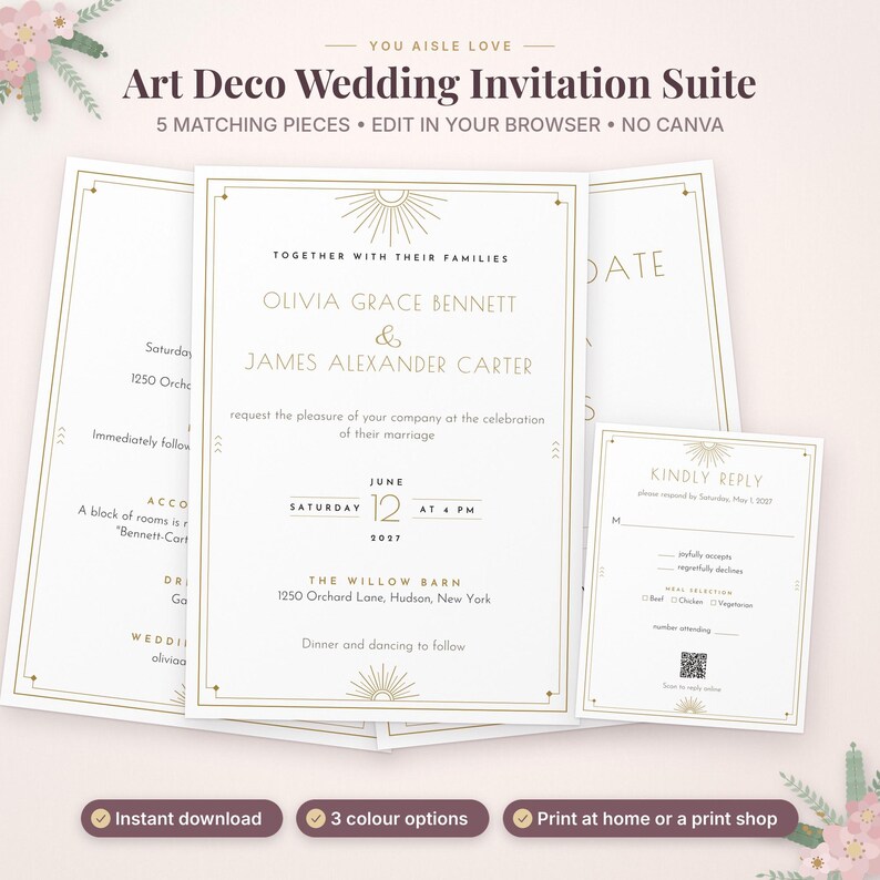 K&ouml;nnte beinhalten: Ein Art-D&eacute;co-Hochzeitseinladungsset mit f&uuml;nf passenden Teilen, verziert mit goldenen geometrischen Sonnenstrahlen auf wei&szlig;em Papier. Der Text enth&auml;lt die Namen Olivia Grace Bennett und James Alexander Carter, das Datum 12. Juni 2027 und den Ort The Willow Barn, 1250 Orchard Lane, Hudson, New York.