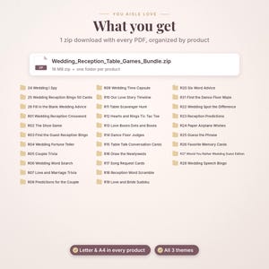 May include: A digital file list titled You Aisle Love What you get, showing a 18 MB Wedding_Reception_Table_Games_Bundle.zip file and a list of 28 numbered wedding game folders, with bottom badges for Letter & A4 and All 3 themes.