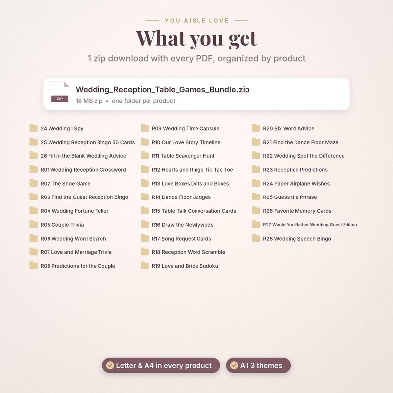 May include: A digital file list titled You Aisle Love What you get, showing a 18 MB Wedding_Reception_Table_Games_Bundle.zip file and a list of 28 numbered wedding game folders, with bottom badges for Letter & A4 and All 3 themes.