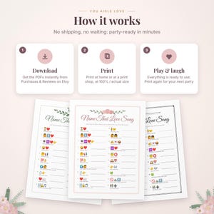 Pu&ograve; includere: Un grafico illustrativo intitolato You Aisle Love How it works, che mostra tre passaggi: Download, Print e Play & laugh. Sotto ci sono tre fogli di gioco stampabili intitolati Name That Love Song, con indizi emoji e righe per le risposte.