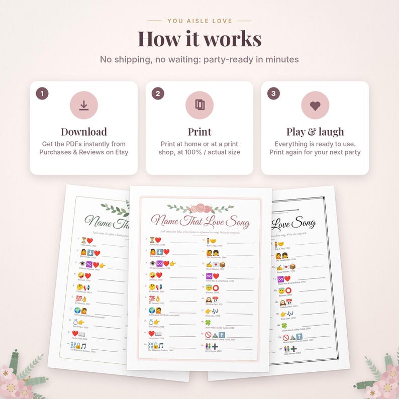 Pu&ograve; includere: Un grafico illustrativo intitolato You Aisle Love How it works, che mostra tre passaggi: Download, Print e Play & laugh. Sotto ci sono tre fogli di gioco stampabili intitolati Name That Love Song, con indizi emoji e righe per le risposte.