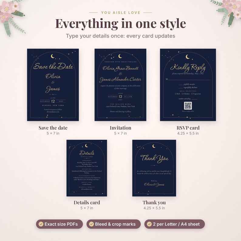May include: A set of navy blue wedding stationery featuring gold celestial moon and star accents. Includes a 5x7 inch Save the Date, 5x7 inch Invitation, 4.25x5.5 inch RSVP card, 5x7 inch Details card, and a 4.25x5.5 inch Thank You card.