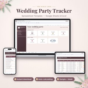 May include: A digital Wedding Party Tracker spreadsheet template for Google Sheets and Excel displayed on a laptop, smartphone, and tablet. The interface features a dashboard with data on wedding party members, outfits, and gift spending.