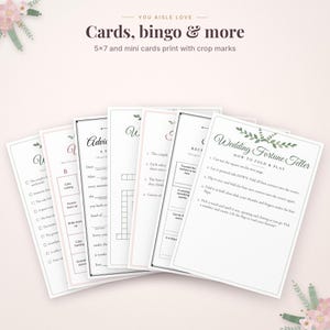 May include: A collection of printable wedding game cards featuring the text "YOU AISLE LOVE Cards, bingo & more 5x7 and mini cards print with crop marks" and "Wedding Fortune Teller" with instructions on how to fold and play the game.